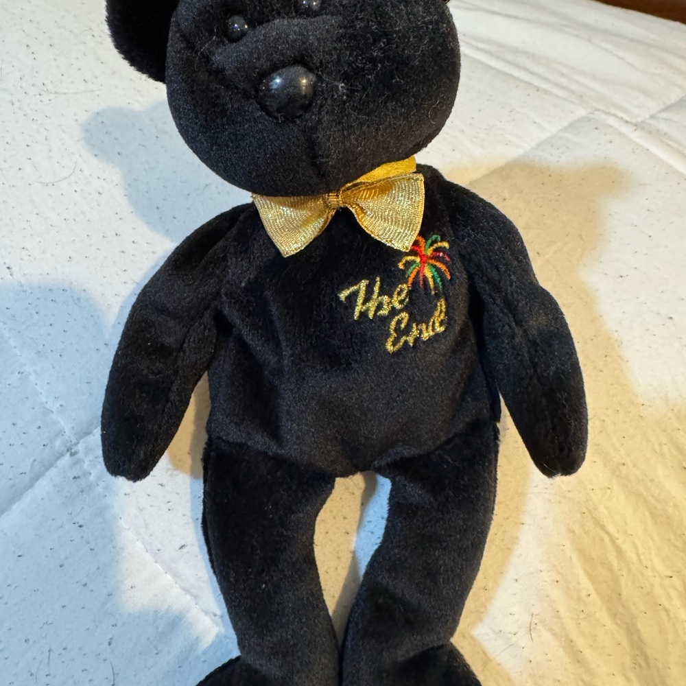Ty Beanie Babies Black Plush Bear with Gold Bow